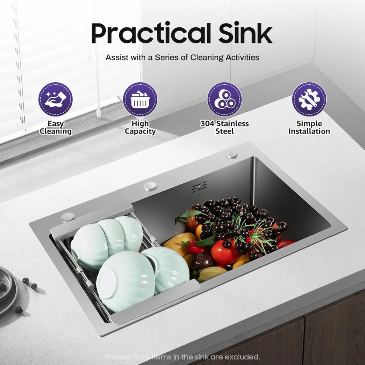 Stainless Steel Kitchen Sink, Large Sink Bowl 45 * 66cm with Drainer and Sewer Pipes, Inset/Undermount Kitchen Rectangular Sink