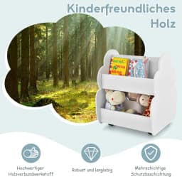 Kids Bookcase on Wheels, 2 Tier Wooden Toy Shelf, 52 x 47 x 63.5 cm (White)