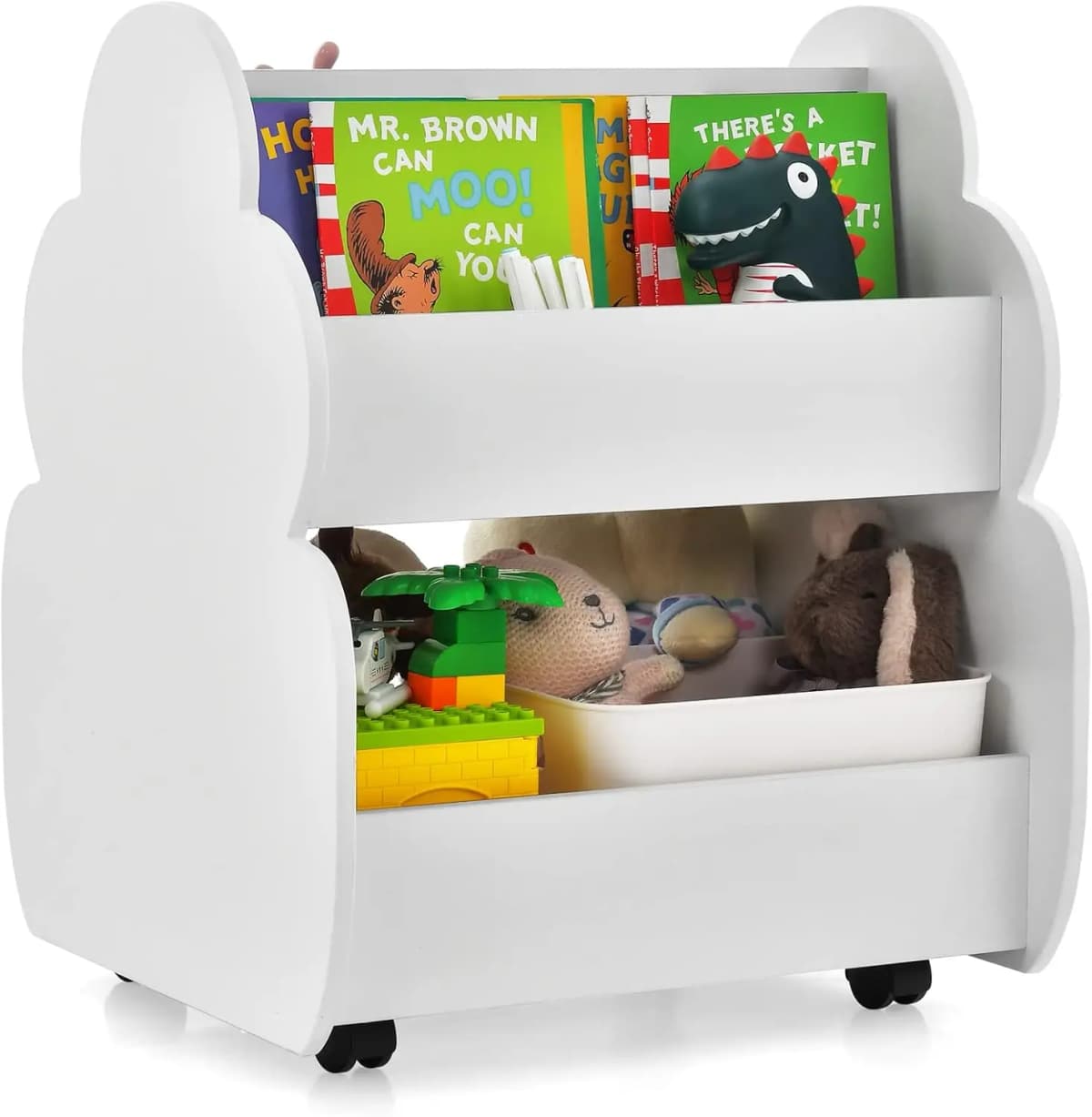 Kids Bookcase on Wheels, 2 Tier Wooden Toy Shelf, 52 x 47 x 63.5 cm (White)