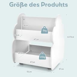 Kids Bookcase on Wheels, 2 Tier Wooden Toy Shelf, 52 x 47 x 63.5 cm (White)
