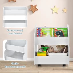 Kids Bookcase on Wheels, 2 Tier Wooden Toy Shelf, 52 x 47 x 63.5 cm (White)