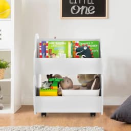 Kids Bookcase on Wheels, 2 Tier Wooden Toy Shelf, 52 x 47 x 63.5 cm (White)