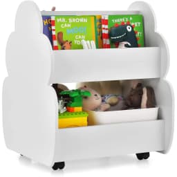 Kids Bookcase on Wheels, 2 Tier Wooden Toy Shelf, 52 x 47 x 63.5 cm (White)