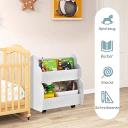 Kids Bookcase on Wheels, 2 Tier Wooden Toy Shelf, 52 x 47 x 63.5 cm (White)