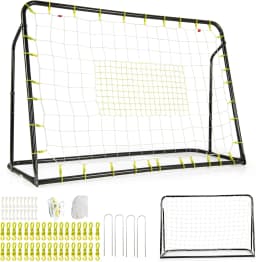 2 in 1 soccer goal & rebounder, soccer goals for garden children, height-adjustable soccer goal set with metal frame & 2 nets
