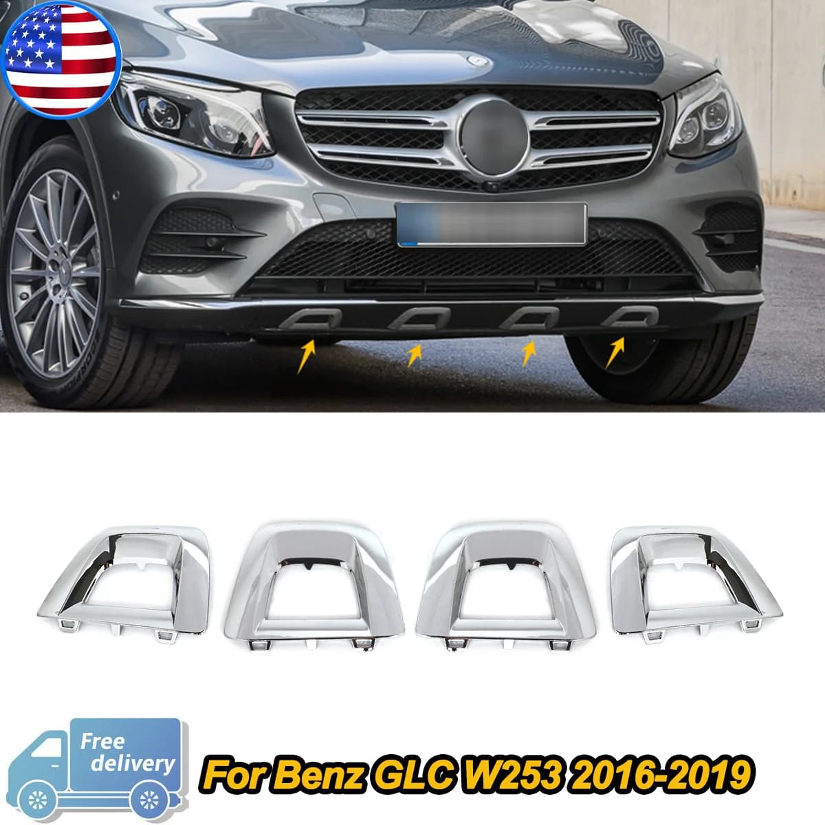 4pcs Front Bumper Cover Molding Trim for 2016-2019 Mercedes Benz GLC Class W253 GLC200 GLC250 GLC300 Front Splitter Chrome Trim