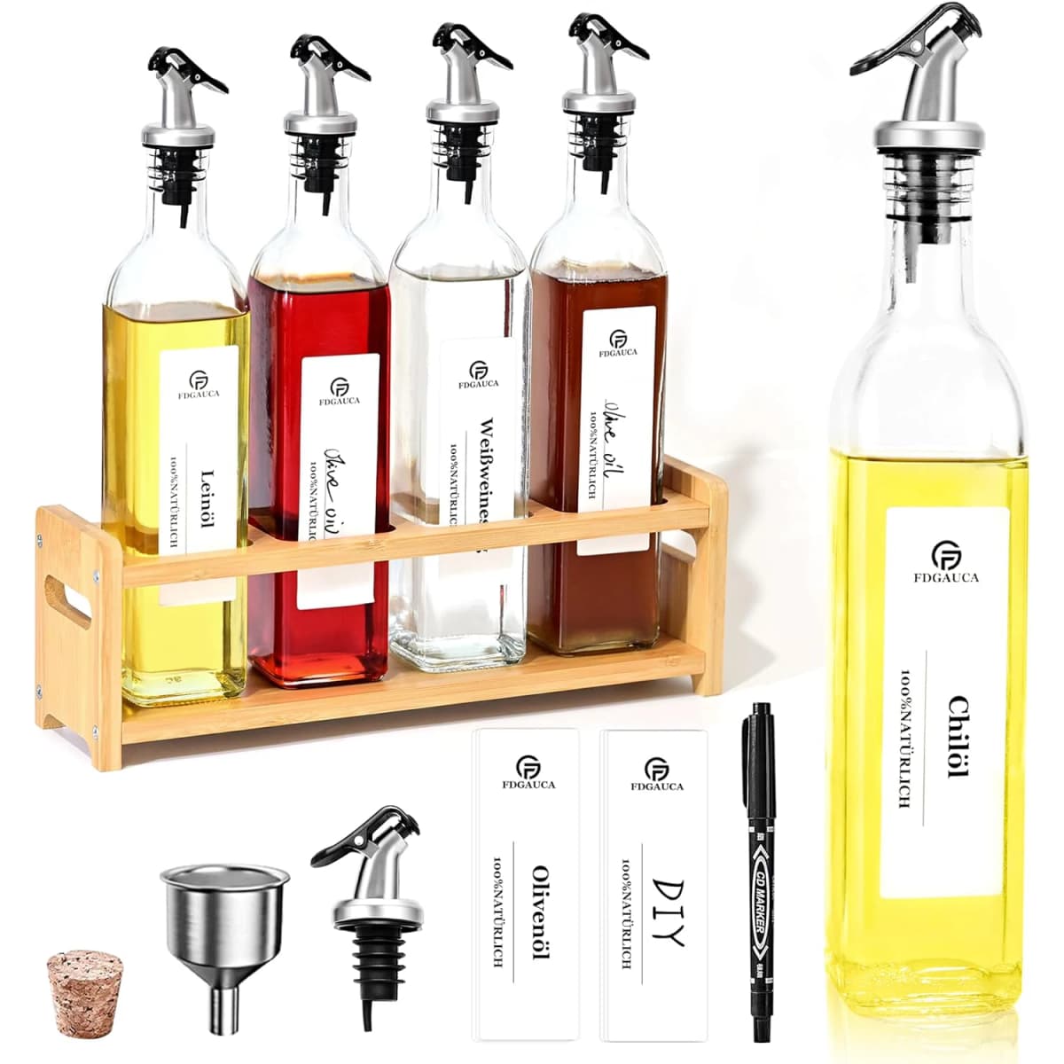 Oil Vinegar Bottles Set with Bamboo Shelf, 4x500ml Glass Oil Dispenser with White Labels, Kitchen Storage Organizer