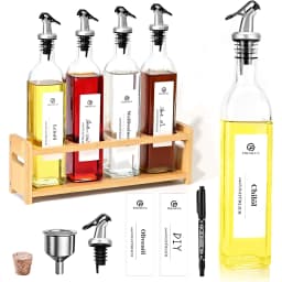 Oil Vinegar Bottles Set with Bamboo Shelf, 4x500ml Glass Oil Dispenser with White Labels, Kitchen Storage Organizer
