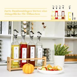 Oil Vinegar Bottles Set with Bamboo Shelf, 4x500ml Glass Oil Dispenser with White Labels, Kitchen Storage Organizer