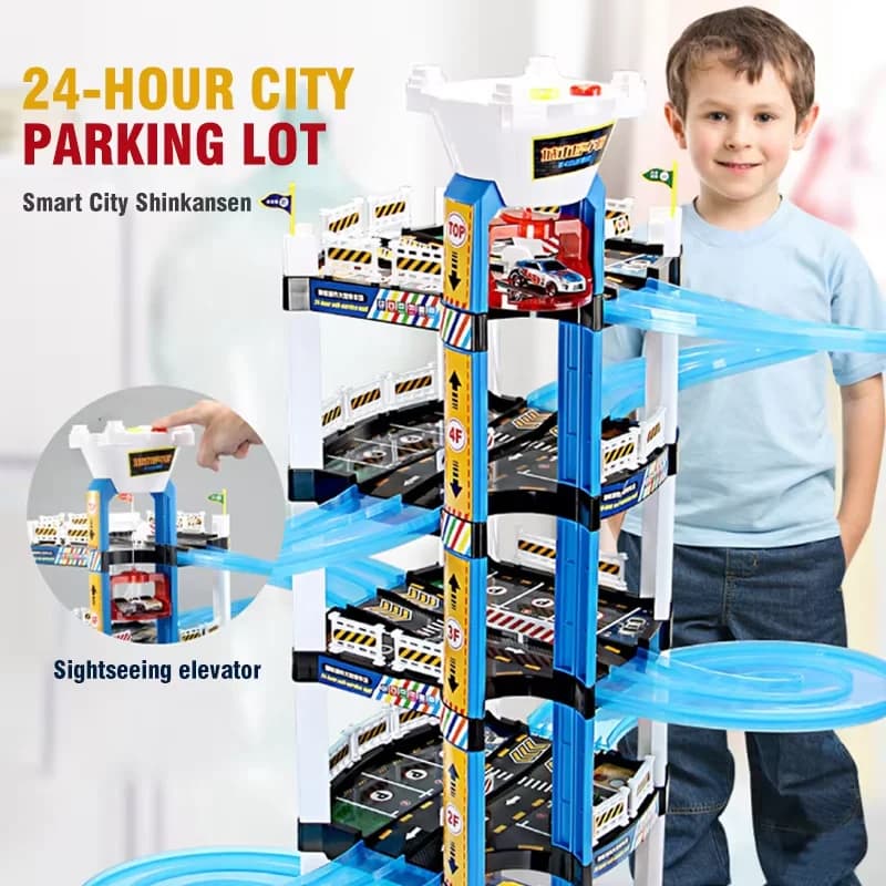 Parking Building Electric Track Assemble Large Parking Lot Toys with Electric Hand Lift Rails Racing Rail for Kid Gifts Boy Game