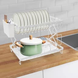 2 Tier Dish Drying Rack Rust-Resistant Foldable Dish Drying Rack with Anti-Slip Pads Dish Drying Rack for Home/Milk Tea Shops