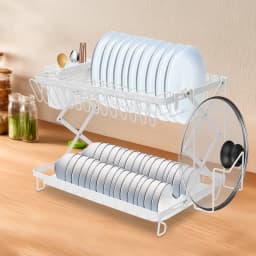 2 Tier Dish Drying Rack Rust-Resistant Foldable Dish Drying Rack with Anti-Slip Pads Dish Drying Rack for Home/Milk Tea Shops