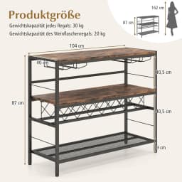 Home Bar Cabinet with 4 Rows Glass Holder & Wine Rack for 7 Wine Bottles, Kitchen Rack 4 Tiers, Metal Frame, Rustic Brown