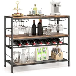 Home Bar Cabinet with 4 Rows Glass Holder & Wine Rack for 7 Wine Bottles, Kitchen Rack 4 Tiers, Metal Frame, Rustic Brown