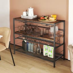 Home Bar Cabinet with 4 Rows Glass Holder & Wine Rack for 7 Wine Bottles, Kitchen Rack 4 Tiers, Metal Frame, Rustic Brown