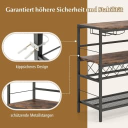 Home Bar Cabinet with 4 Rows Glass Holder & Wine Rack for 7 Wine Bottles, Kitchen Rack 4 Tiers, Metal Frame, Rustic Brown