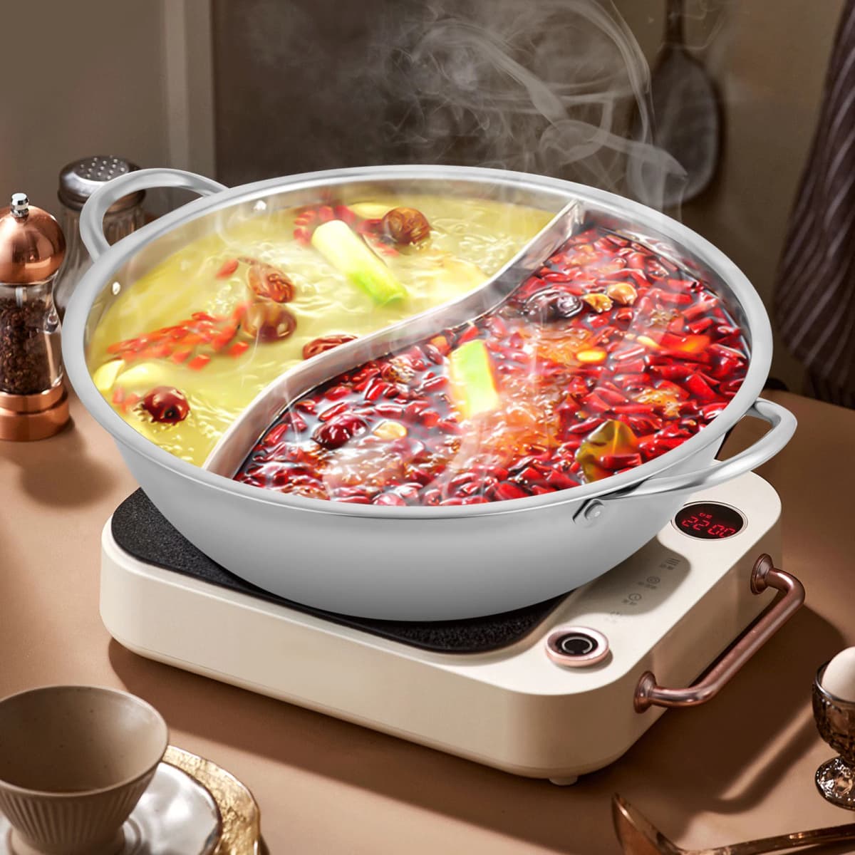 Silver 28cm Stainless Steel Double-Flavor Hot Pot With Cover Shabu Shabu Pot with Glass Lid For Kitchen Restaurants Homes