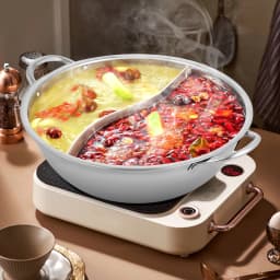 Silver 28cm Stainless Steel Double-Flavor Hot Pot With Cover Shabu Shabu Pot with Glass Lid For Kitchen Restaurants Homes