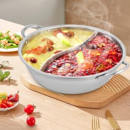 Silver 28cm Stainless Steel Double-Flavor Hot Pot With Cover Shabu Shabu Pot with Glass Lid For Kitchen Restaurants Homes