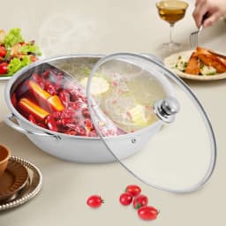 Silver 28cm Stainless Steel Double-Flavor Hot Pot With Cover Shabu Shabu Pot with Glass Lid For Kitchen Restaurants Homes