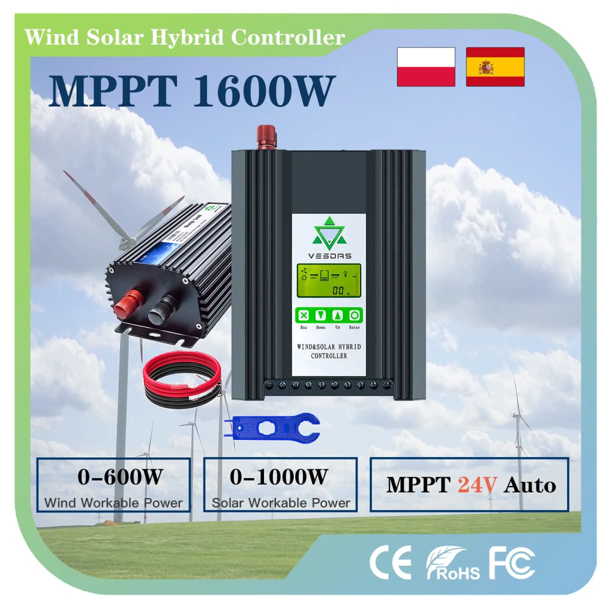 MPPT 1600W 24V Boost & Buck Wind Solar Hybrid Controller Wind 600W & Solar 1000W Best Heat Dissipation Design with LCD Display