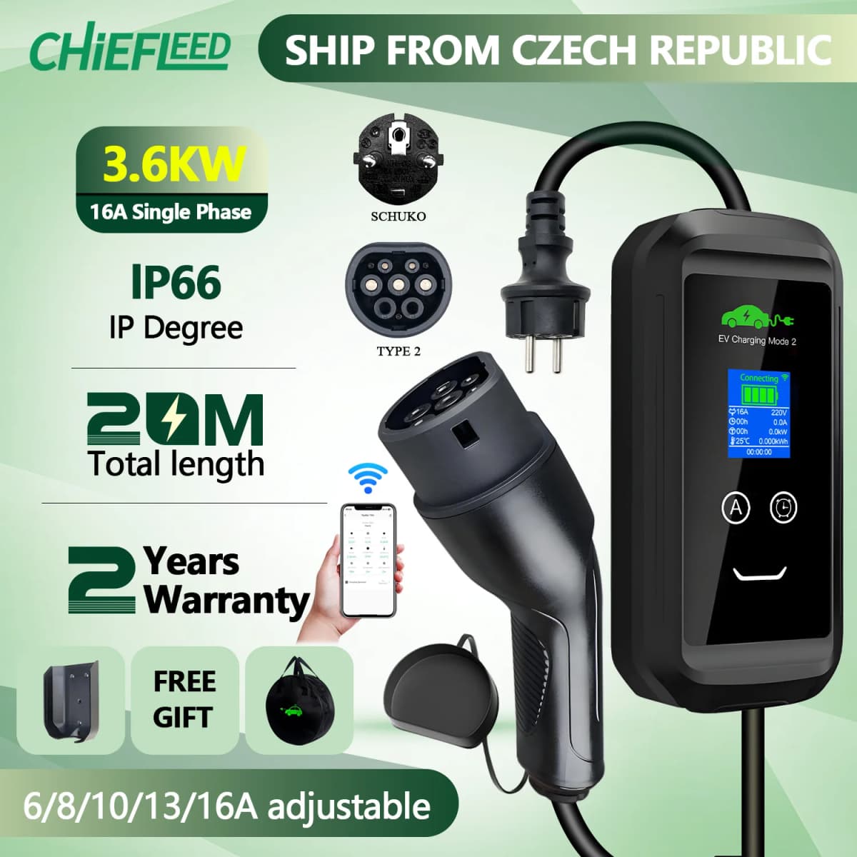 Chiefleed EV Charger 16A 3.6KW Type 2 Wall Box Tuya App Wifi Home Charging Electric Vehicle Hybrid Cars Total Length 20M
