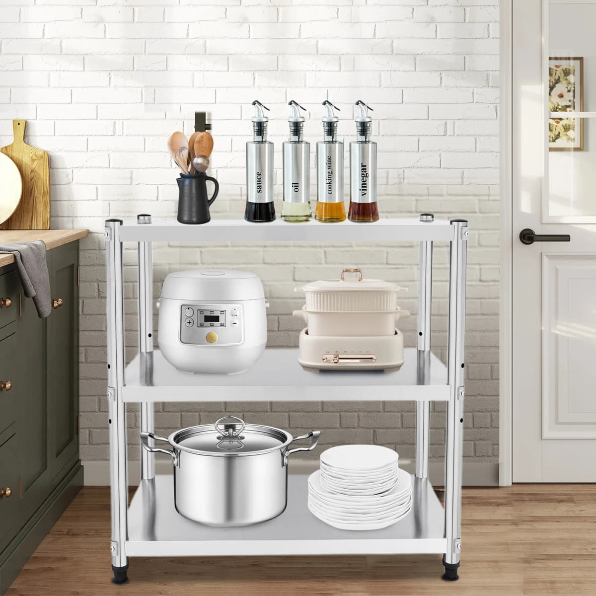 3 Tier Kitchen Storage Rack,Kitchen Storage Organizer, Stainless Steel Shelves,Microwave Rack for Pantries, Restaurants,Kitchens