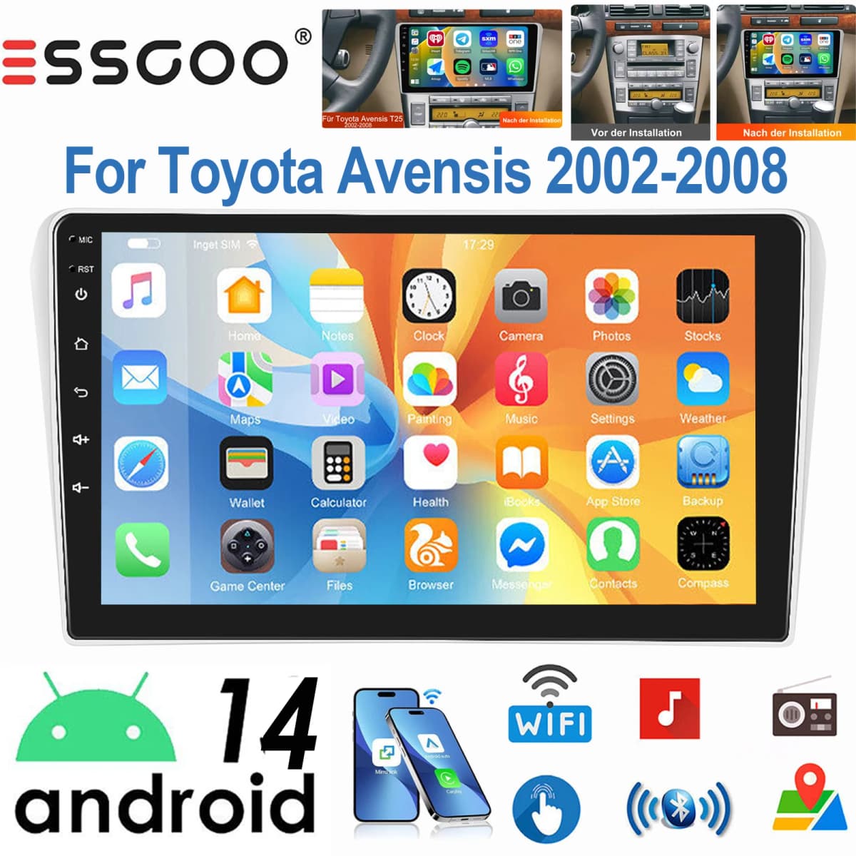ESSGOO Android 14 2 DIN Wireless CarPlay Android Auto Car stereo Radio WIFI BT FM RDS GPS NAVI SWC For Toyota Avensis 2002-2008