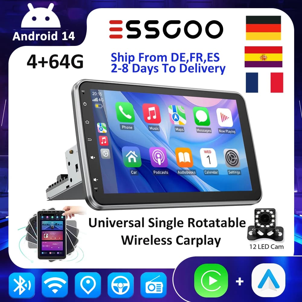 ESSGOO Android 14 Universal Single Rotatable Car Radio Carplay Multimedia Player GPS Navi Automotive Stereo
