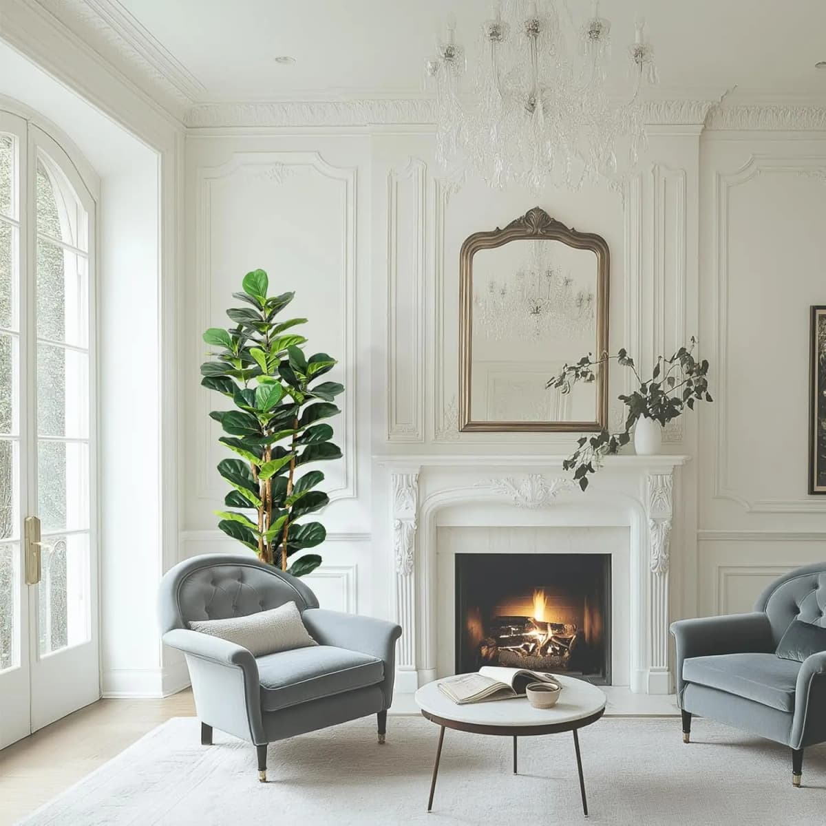 5ft -7ft Faux Fiddle Leaf Fig Tree with White Pot, Faux Trees with Artificial Plants Lifelike Fake Tree for Home Office Decor