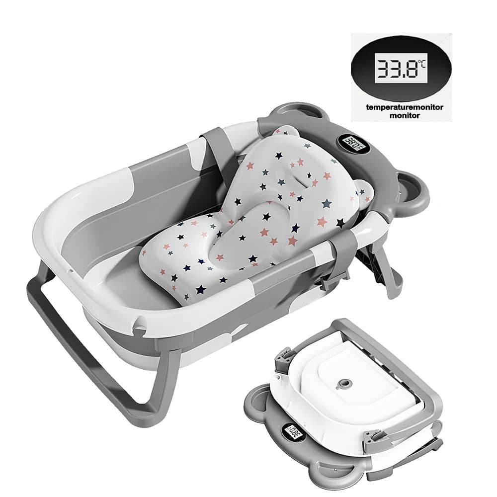 Folding Baby Bathtub with Integrated Thermometer, Non-slip Cushion, Portable Travel Shower, Bath Pool,Baby Bath Accessories