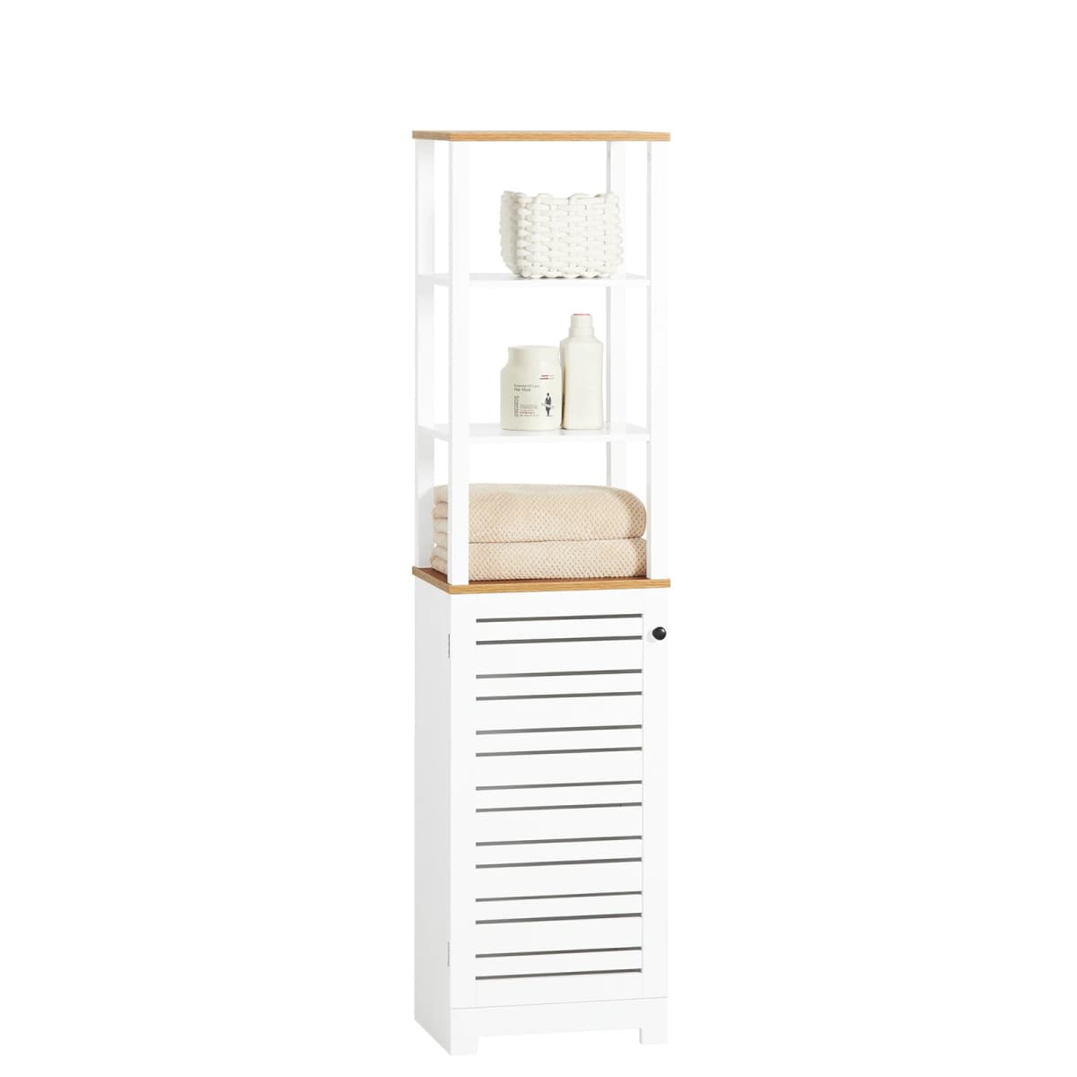 Sobuy Bzr43-W Bathroom Tall Cabinet Bathroom Storage Shelf Bathroom Cabinet with 3 Open Compartments and Louvered Door Bathroom Furniture