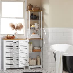 Sobuy Bzr43-W Bathroom Tall Cabinet Bathroom Storage Shelf Bathroom Cabinet with 3 Open Compartments and Louvered Door Bathroom Furniture