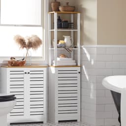 Sobuy Bzr43-W Bathroom Tall Cabinet Bathroom Storage Shelf Bathroom Cabinet with 3 Open Compartments and Louvered Door Bathroom Furniture