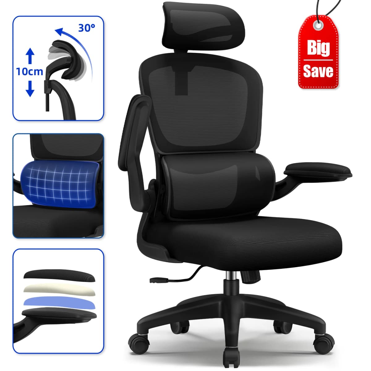 AUTHMIC Ergonomic Office Chair -135° Recline & Height-Adjustable Seat, Foldable Arms, Adjustable Headrest, Home Office Chair