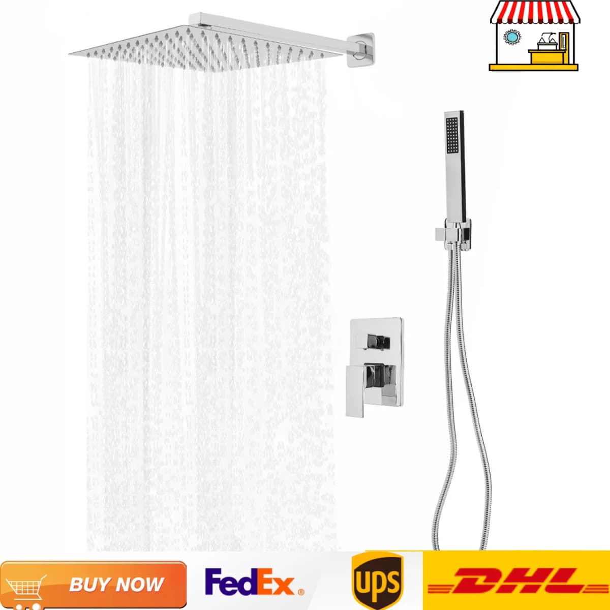 30CM Chrome Shower Set Stainless Steel G1/2 Rainfall Top Spray Handheld Shower with Shower Valve and Hose