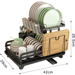 Double-layer metal dish drying rack, kitchen countertop multi-function dish rack, rotatable anti-rust coating with drain board