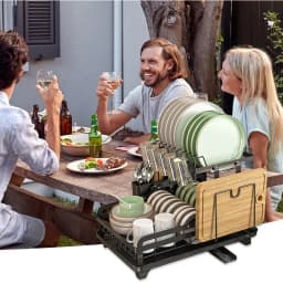 Double-layer metal dish drying rack, kitchen countertop multi-function dish rack, rotatable anti-rust coating with drain board