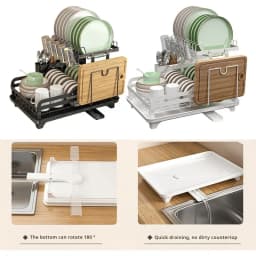 Double-layer metal dish drying rack, kitchen countertop multi-function dish rack, rotatable anti-rust coating with drain board
