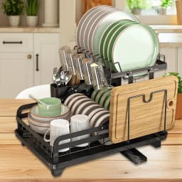 Double-layer metal dish drying rack, kitchen countertop multi-function dish rack, rotatable anti-rust coating with drain board