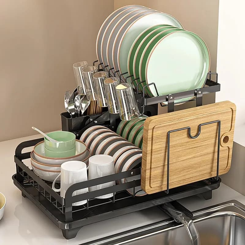 Double-layer metal dish drying rack, kitchen countertop multi-function dish rack, rotatable anti-rust coating with drain board
