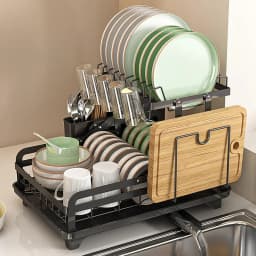 Double-layer metal dish drying rack, kitchen countertop multi-function dish rack, rotatable anti-rust coating with drain board