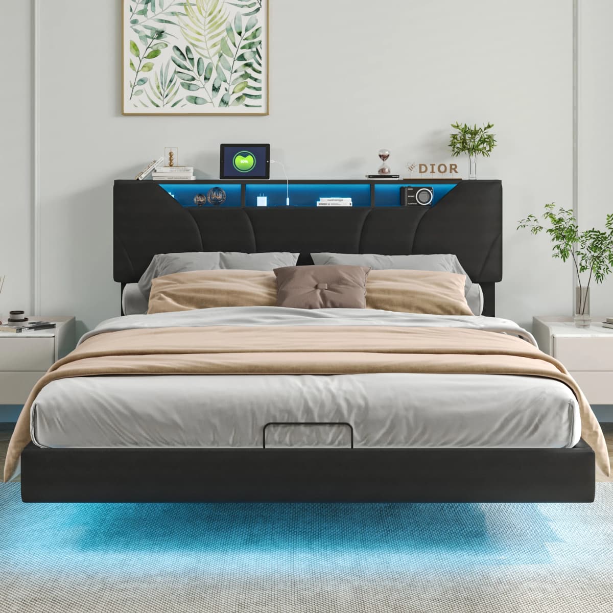 Rosahqnda Upholstered Double Bed 140-160*200cm Adjustable Storage Headboard Functional Bed Hydraulic Storage Bed Frame PU Black