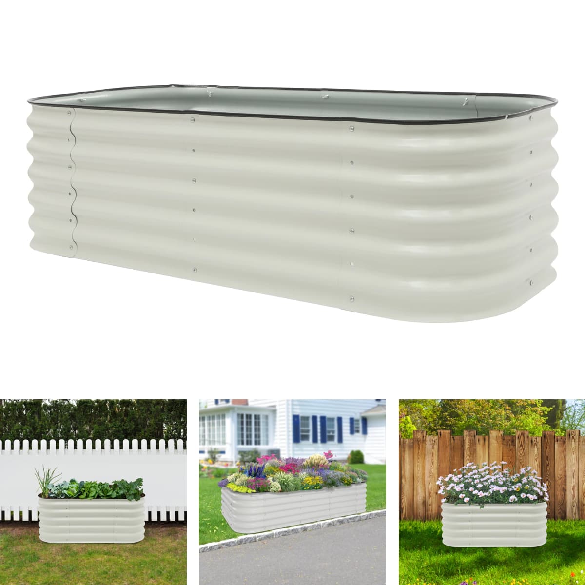 Dual-Size Raised Garden Bed - White Anti-Rust Zinc Steel Planter Box with Open Base for Vegetables/Herbs/Flowers
