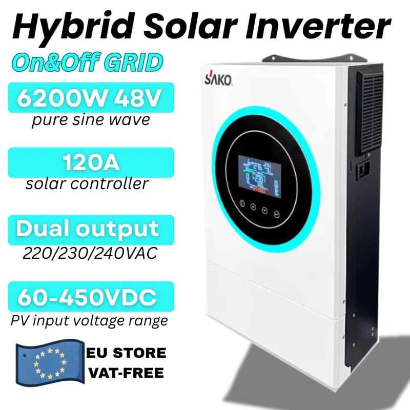 Sako Sunon V 6.2Kva 6200W 48V Hybrid Inverter | Built-In 120A Mppt | 60–450Vdc Pv Input | Battery-Less Operation | Dual Output