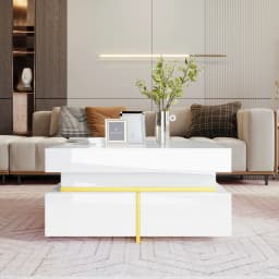 Coffee table, high-gloss living room table, side table with drawers and golden accents