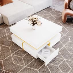 Coffee table, high-gloss living room table, side table with drawers and golden accents