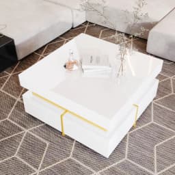 Coffee table, high-gloss living room table, side table with drawers and golden accents