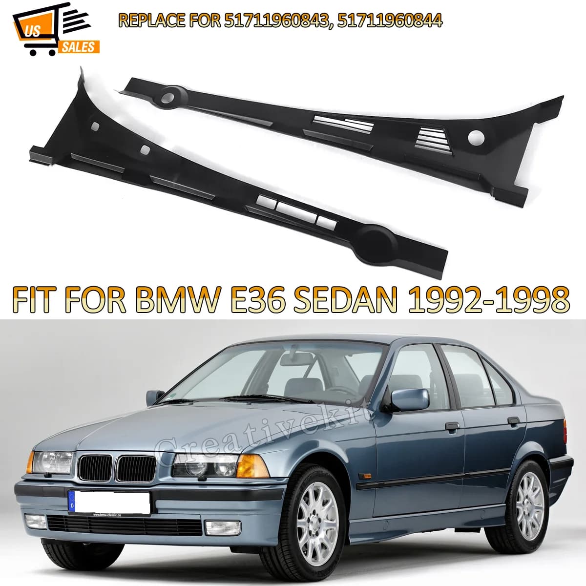 1Pair Windshield Cowl Panel Cover Left & Right Side For 1992-1998 BMW E36 318i 325i 328i M3 4DR 51711960843 51711960844 Magickit