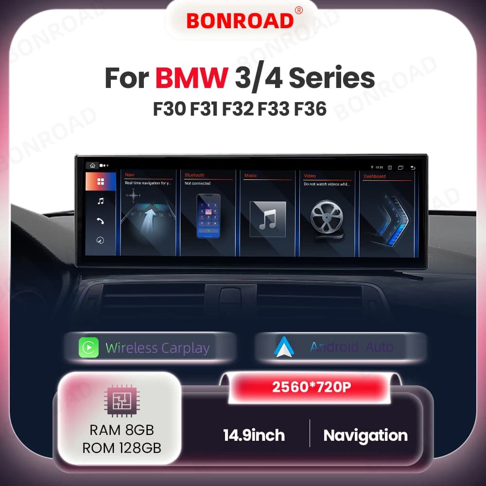 Bonroad 14.9" Android Auto Multimedia Wireless Carplay for Bmw 3/4 Series F30 F31 F32 F33 F36 with 2560*720 Display Touch Screen